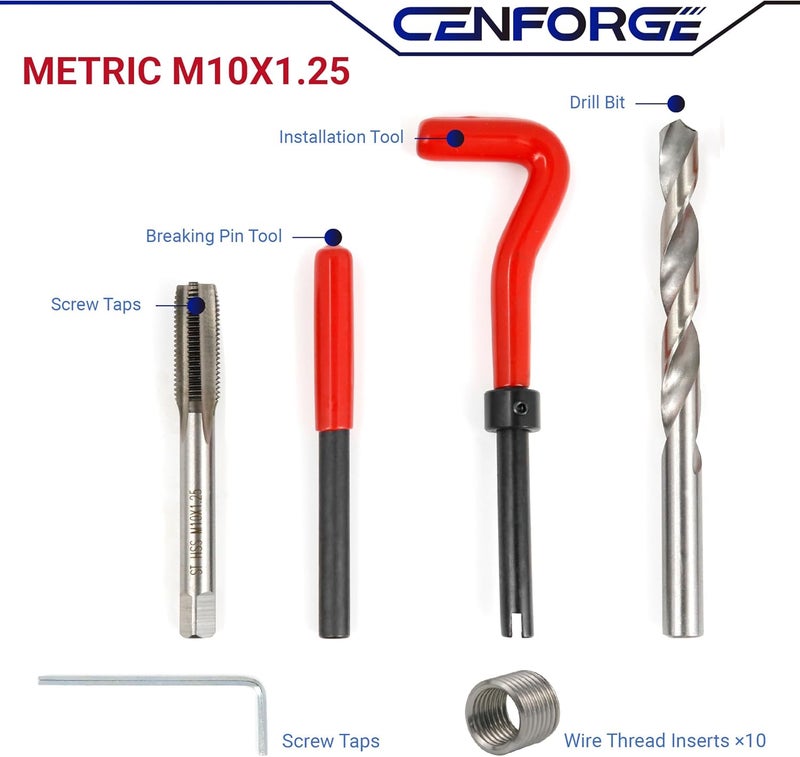 CENFORGE Store M10x1.25 Helicoil Thread Repair Kit, Metric HSS Drill Helicoil Repair Kit for Rethreading Internal Threads with Carry Case, 15PCS - Image 1